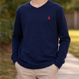 Polo by Ralph Lauren Navy V-Neck Sweater with Red Pony Logo